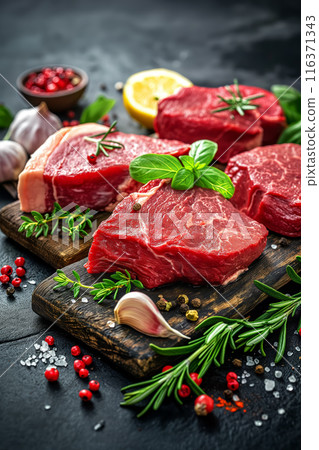 Fresh Raw Steaks with Herbs and Spices 116371343