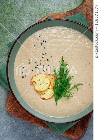 mushroom cream soup, with dill and bruschetta, mushroom eringi, 116371377