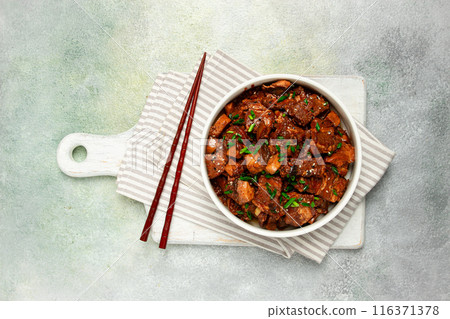 bulgogi, with mushrooms, with sesame seeds and green onions, Korean cuisine, homemade, no people, 116371378