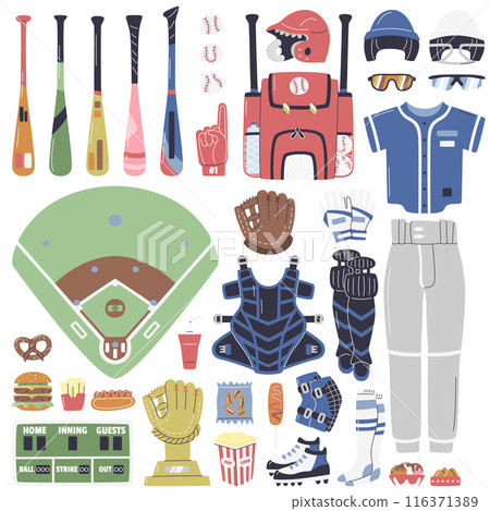 Baseball inventory, uniform and fast food flat set 116371389