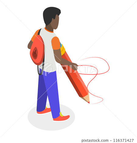 3D Isometric Flat Set of Students Holding Giant Pencil. Item 4 3D Isometric Flat Set of Students Holding Giant Pencil. Item 4 116371427