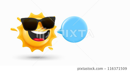 Happy sun emoji with speech bubble. 3d vector banner with copy space Happy sun emoji with speech bubble. 3d vector banner with copy space 116371509