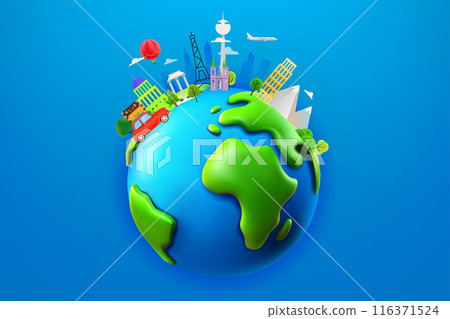 World travel concept with different world sights. 3d vector illustration World travel concept with different world sights. 3d vector illustration 116371524