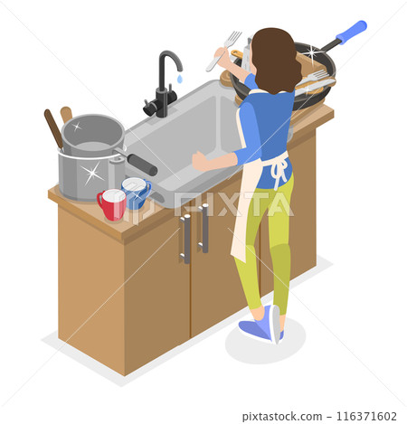 3D Isometric Flat  Illustration of Messy vs Clean Kitchen. Item 1 116371602