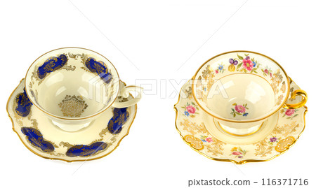 Vintage porcelain cups and saucer isolated on white. Collage. Free space for text. Wide photo. Vintage porcelain cups and saucer isolated on white. Collage. Free space for text. Wide photo. 116371716
