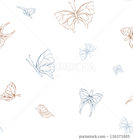 Abstract golden and silver doodle butterflies. Flying butterfly Seamless pattern of tropical insects. Line art, flat. Hand drawn watercolor illustration isolated on white. For wedding design, textile 116371885