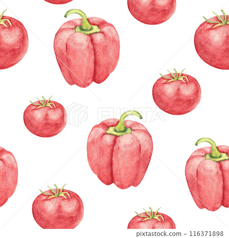 Tomato and Paprika Watercolor Seamless Pattern on a white background. Can be used for kitchen textile prints, product packaging design. 116371898