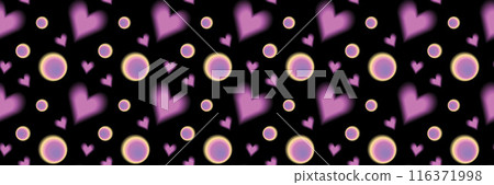 Seamless pattern y2k aura. Blurred heart, butterfly and stars with aura in trendy style y2k on black background. Seamless pattern y2k aura. Blurred heart, butterfly and stars with aura in trendy style y2k on black background. 116371998