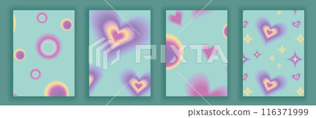 Set brochure y2k aura. Blurred heart, butterfly and stars with aura in trendy style y2k. 116371999