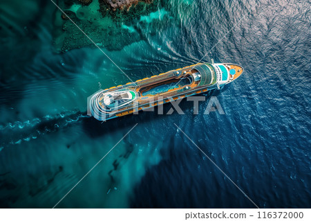 Aerial View of a Cruise Liner Sailing Through the Bay 116372000