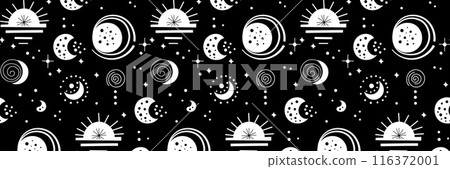 Seamless neo folk patterns with moon, cloud, sun and stars, black and white celestial design. Set Neo folk style endless backgrounds perfect for textile design. Seamless neo folk patterns with moon, cloud, sun and stars, black and white celestial design. Set Neo folk style endless backgrounds perfect for textile design. 116372001
