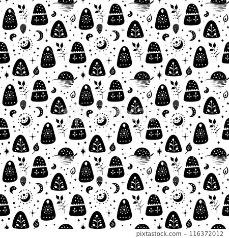 Seamless neo folk art vector pattern with mountains, moon and flowers, black and white floral design. Neo folk style endless background perfect for textile design. 116372012