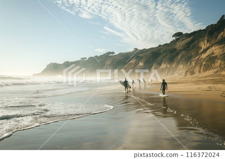 Surfers Walking Back to Shore on a Sunny Beach Day Surfers Walking Back to Shore on a Sunny Beach Day 116372024