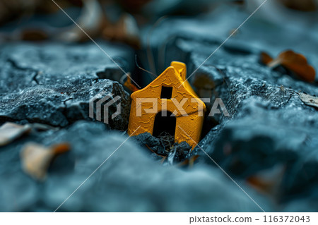 Miniature Yellow Toy House Stuck In Crack After Earthquake Miniature Yellow Toy House Stuck In Crack After Earthquake 116372043