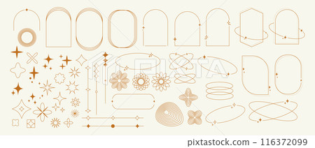 Set of boho geometric shapes in trendy retro style. Minimal Y2k aesthetic. Modern minimalist arch frame with sparkles. 116372099