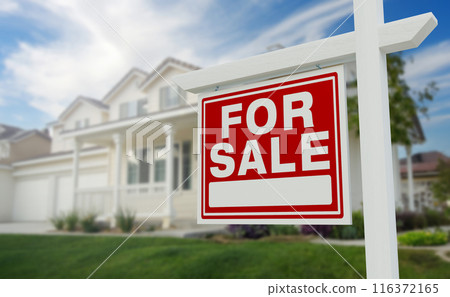 For Sale Real Estate Sign in Front of Beautiful House. 116372165