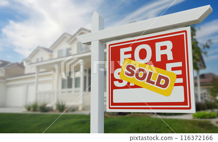 Sold For Sale Real Estate Sign in Front of Beautiful House. 116372166