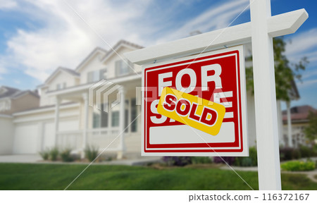 Sold For Sale Real Estate Sign in Front of Beautiful House. 116372167