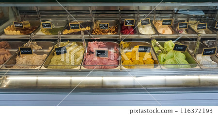 Different flavors of italian ice cream at Genoa Italy 116372193