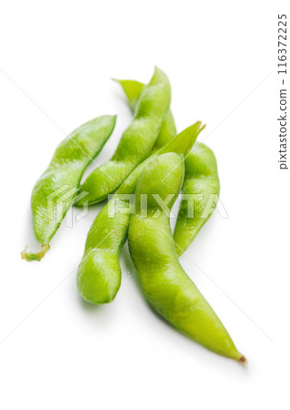 Green edamame pods. Fresh soybeans isolated on white background. Green edamame pods. Fresh soybeans isolated on white background. 116372225