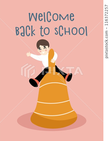 Back to school. Little Boy Sitting on School Bell. Long banner. Baby scribbles on the wall. Template for design. Funny cartoon characters. Vector illustration. Back to school. Little Boy Sitting on School Bell. Long banner. Baby scribbles on the wall. Template for design. Funny cartoon characters. Vector illustration. 116372257