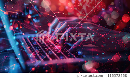 Person works on laptop on abstract background, human hands against digital pattern. Theme of network, connect, social media, global news, people, world, 116372268