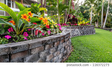 Home garden with stone retaining walls, design of luxury house backyard or tropical landscaped yard. Concept of landscaping, flower, plants, summer 116372273