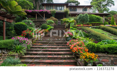 Beautiful home garden with terraces and stairs, design of landscaped backyard, stone retaining walls in summer. Concept of landscaping, plant, villa, flower, 116372278