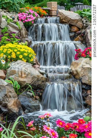 Cascade waterfall with stones and flowers at house backyard, water in landscaped home garden, landscaping in summer. Concept of nature, background, outdoor, design 116372287