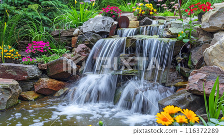 Waterfall at home garden or forest in summer, luxury design of beautiful landscaped house backyard. Concept of water, landscaping, nature, flowers, background 116372289