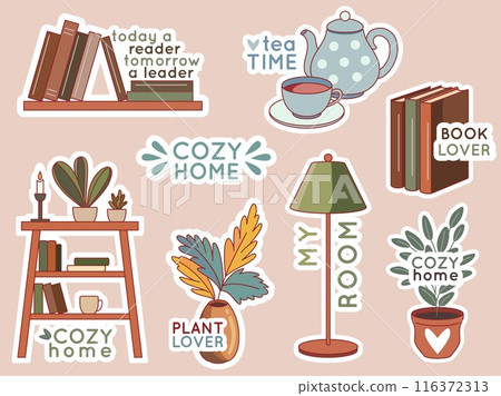 Cozy home stickers collection. Funny inspirational text with interior elements, hygge ambiance, bookshelves, lamps and indoor plants, hot tea, calm atmosphere, vector cartoon flat isolated set Cozy home stickers collection. Funny inspirational text with interior elements, hygge ambiance, bookshelves, lamps and indoor plants, hot tea, calm atmosphere, vector cartoon flat isolated set 116372313