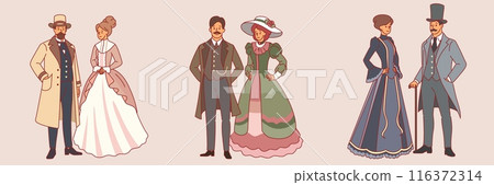 Gentlemen and ladies in vintage clothes. Aristocratic persones, elegant female and male characters standing, couples of 19th century, hats, gowns, cartoon flat style isolated vector set 116372314