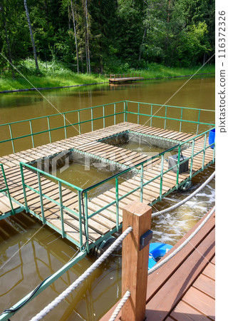 A fish farm or a specially equipped place for fish breeding. 116372326