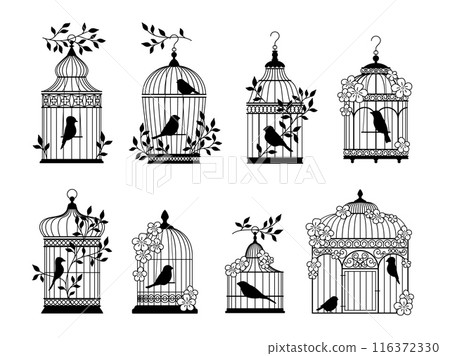 Vintage cages and decorative birds. Dark silhouettes of parrots and canaries houses, steel rods interlacing, freedom and prison, elegant black silhouettes, decorative elements, vector set 116372330