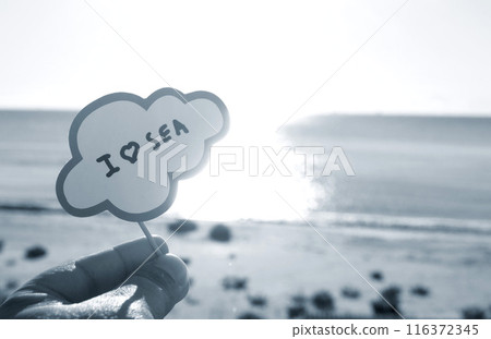 Stick with paper speech bubble with words I love sea on background blue sea sky sandy beach on sunny summer day. Text-balloons with text from letters. Concept symbol sign vacation travel. Blue color Stick with paper speech bubble with words I love sea on background blue sea sky sandy beach on sunny summer day. Text-balloons with text from letters. Concept symbol sign vacation travel. Blue color 116372345