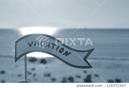 Stick with paper speech bubble with words Vacation on background sea, sky, sandy beach on sunny summer day. Text-balloons with text from letters. Concept symbol sign vacation travel tourism Blue color Stick with paper speech bubble with words Vacation on background sea, sky, sandy beach on sunny summer day. Text-balloons with text from letters. Concept symbol sign vacation travel tourism Blue color 116372347