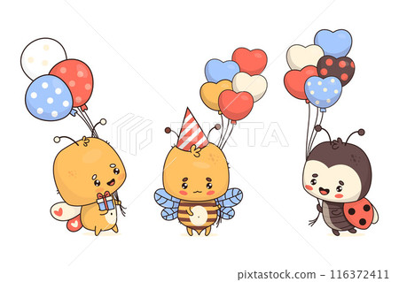 Cute holiday insects. Cartoon happy butterfly, bee and ladybug in birthday cap with balloons. Isolated funny character in kawaii style. Vector illustration. Kids collection. 116372411