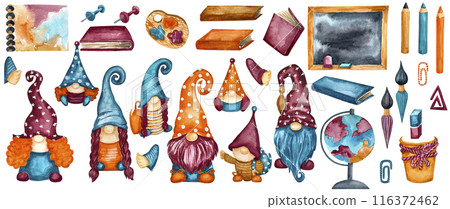 Watercolor hand drawing illustration school days education equipment set. Pencil,  paper clips, globe, albom, board, brushes, books, eraser clip art.  Use for poster, print, card, print, flyers.  116372462