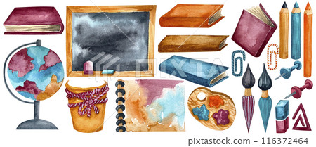 Watercolor hand drawing illustration school days education equipment set. Pencil,  paper clips, globe, albom, board, brushes, books, eraser clip art.  Use for poster, print, card, print, flyers.  116372464