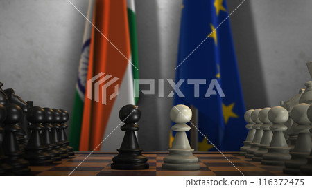 EU and India Flags with Chess Game 3D Illustration. Politics Concept, Government Conflict 116372475