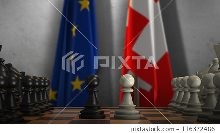 Switzerland And EU Flags. Politics And Conflict Concept 3D Illustration. Chess Board Game Play 116372486