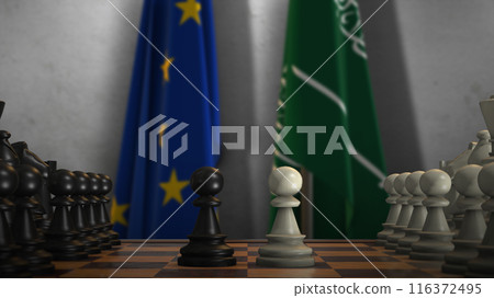 Saudi Arabia And EU Flags. Politics And Conflict Concept 3D Illustration. Chess Board Game Play 116372495