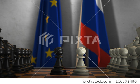 Russia And EU Flags. Politics And Conflict Concept 3D Illustration. Chess Board Game Play Russia And EU Flags. Politics And Conflict Concept 3D Illustration. Chess Board Game Play 116372496