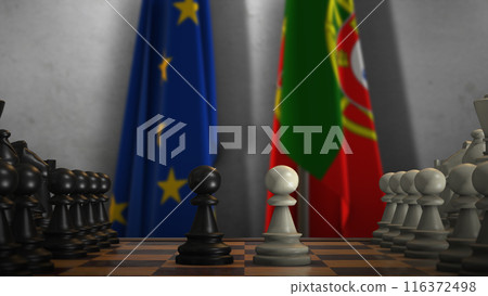 Portugal And EU Flags. Politics And Conflict Concept 3D Illustration. Chess Board Game Play Portugal And EU Flags. Politics And Conflict Concept 3D Illustration. Chess Board Game Play 116372498