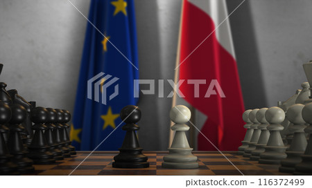 Poland And EU Flags. Politics And Conflict Concept 3D Illustration. Chess Board Game Play Poland And EU Flags. Politics And Conflict Concept 3D Illustration. Chess Board Game Play 116372499