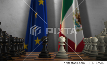 Mexico And EU Flags. Politics And Conflict Concept 3D Illustration. Chess Board Game Play 116372502