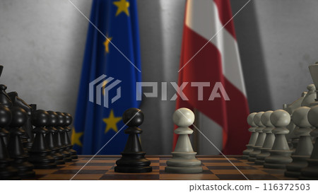 Latvia And EU Flags. Politics And Conflict Concept 3D Illustration. Chess Board Game Play Latvia And EU Flags. Politics And Conflict Concept 3D Illustration. Chess Board Game Play 116372503
