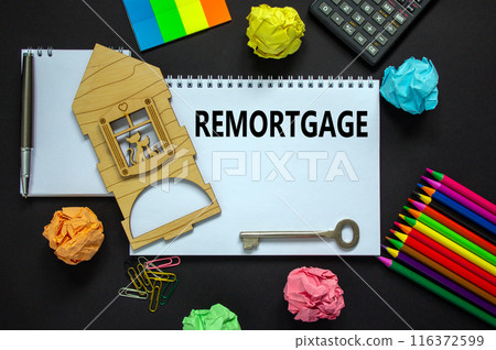 Remortgage symbol. White note with a word 'remortgage' on beautiful black background, calculator, metalic pen and key, colored paper and miniature wooden house. Business and remortgage concept. 116372599