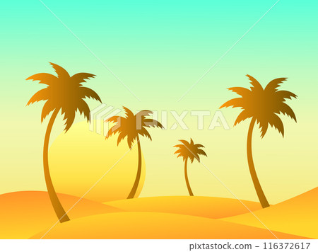 Landscape with palm trees in the desert. Sunrise over sand dunes. Gradient desert landscape with sandy dunes and palm trees. Design for covers, banners and posters. Vector illustration Landscape with palm trees in the desert. Sunrise over sand dunes. Gradient desert landscape with sandy dunes and palm trees. Design for covers, banners and posters. Vector illustration 116372617