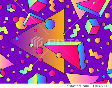 Geometric seamless pattern with 3d shapes in 80s style. Colorful gradient geometric pattern in isometric style. Design of promotional products, wrapping paper and printing. Vector illustration 116372618